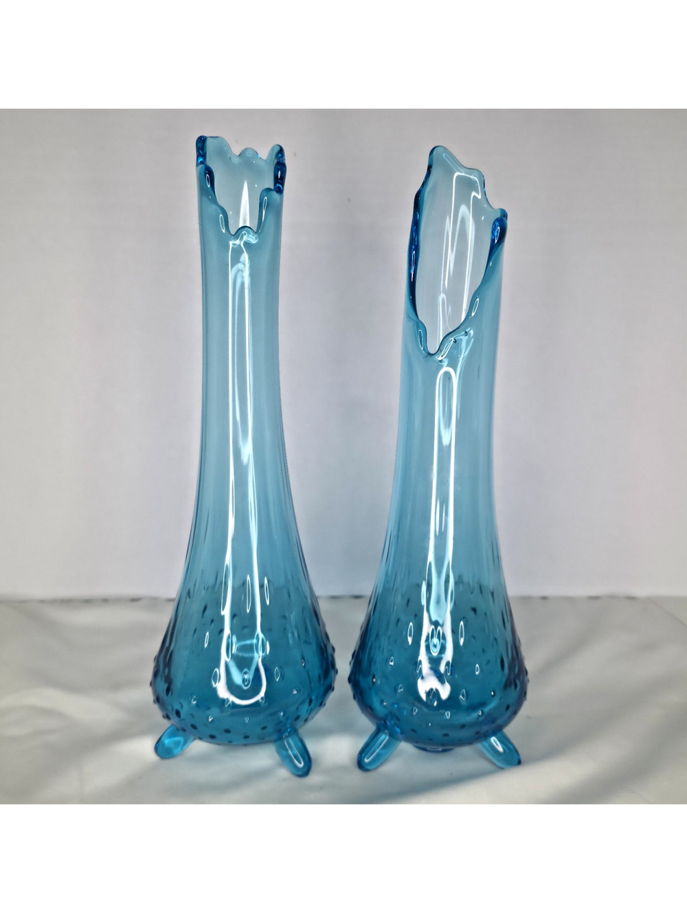 Vintage MCM Peacock Blue Swung Glass Vase Pair 13” 3 Footed LE Smith Style